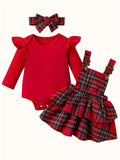 Baby Girls' Plaid Outfit Set with a Ribbed Long Sleeve Bodysuit and Suspender Skirt Plus Matching Headband