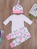 Baby Girls' Three-Piece Outfit Set in White and Pink with Heart Print Pants and a Matching Knotted Hat