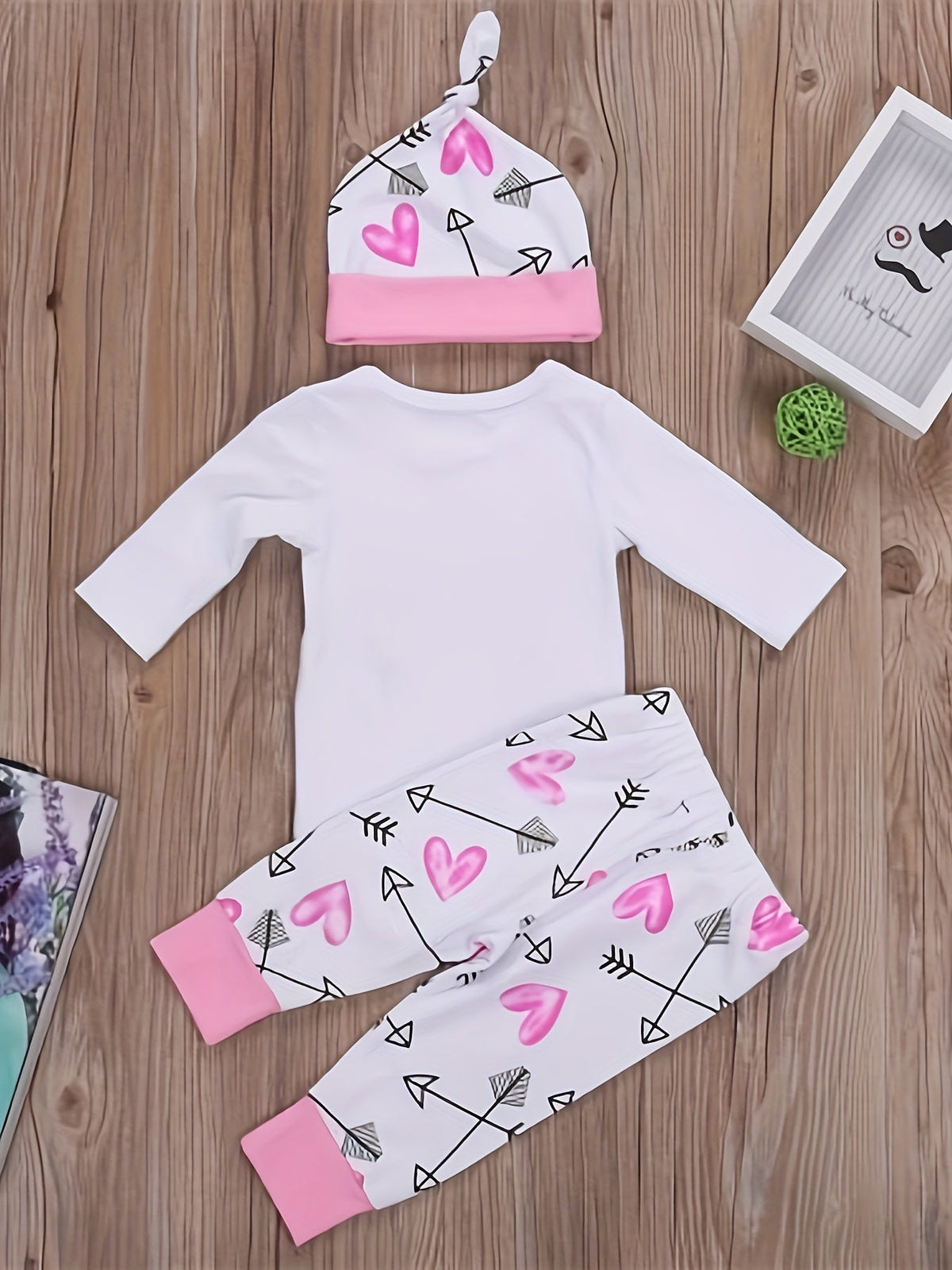 Baby Girls' Three-Piece Outfit Set in White and Pink with Heart Print Pants and a Matching Knotted Hat