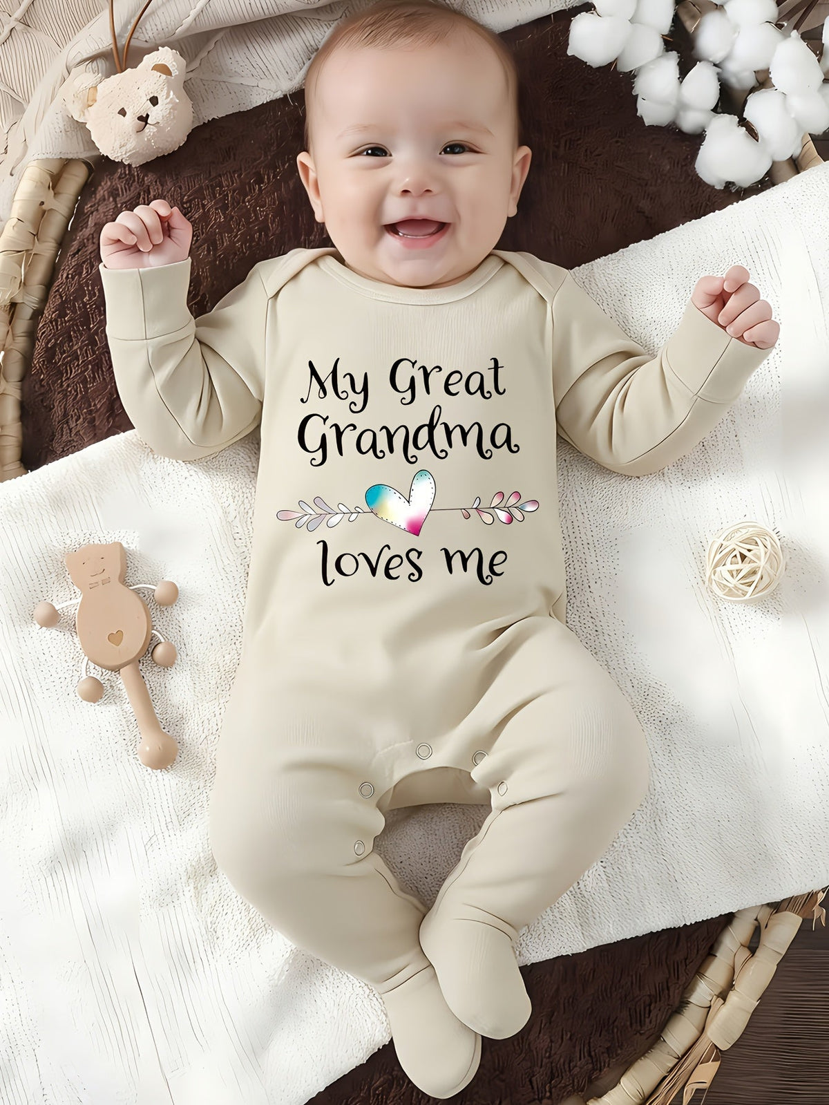 Baby Great Grandma Loves Me Cotton Romper with Covered Feet and Long Sleeves for Family Visit Outfits