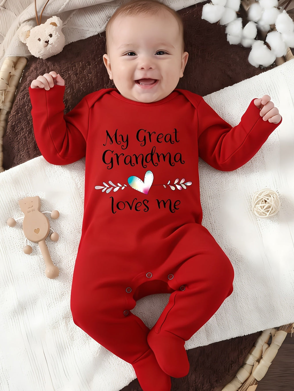 Baby Great Grandma Loves Me Cotton Romper with Covered Feet and Long Sleeves for Family Visit Outfits