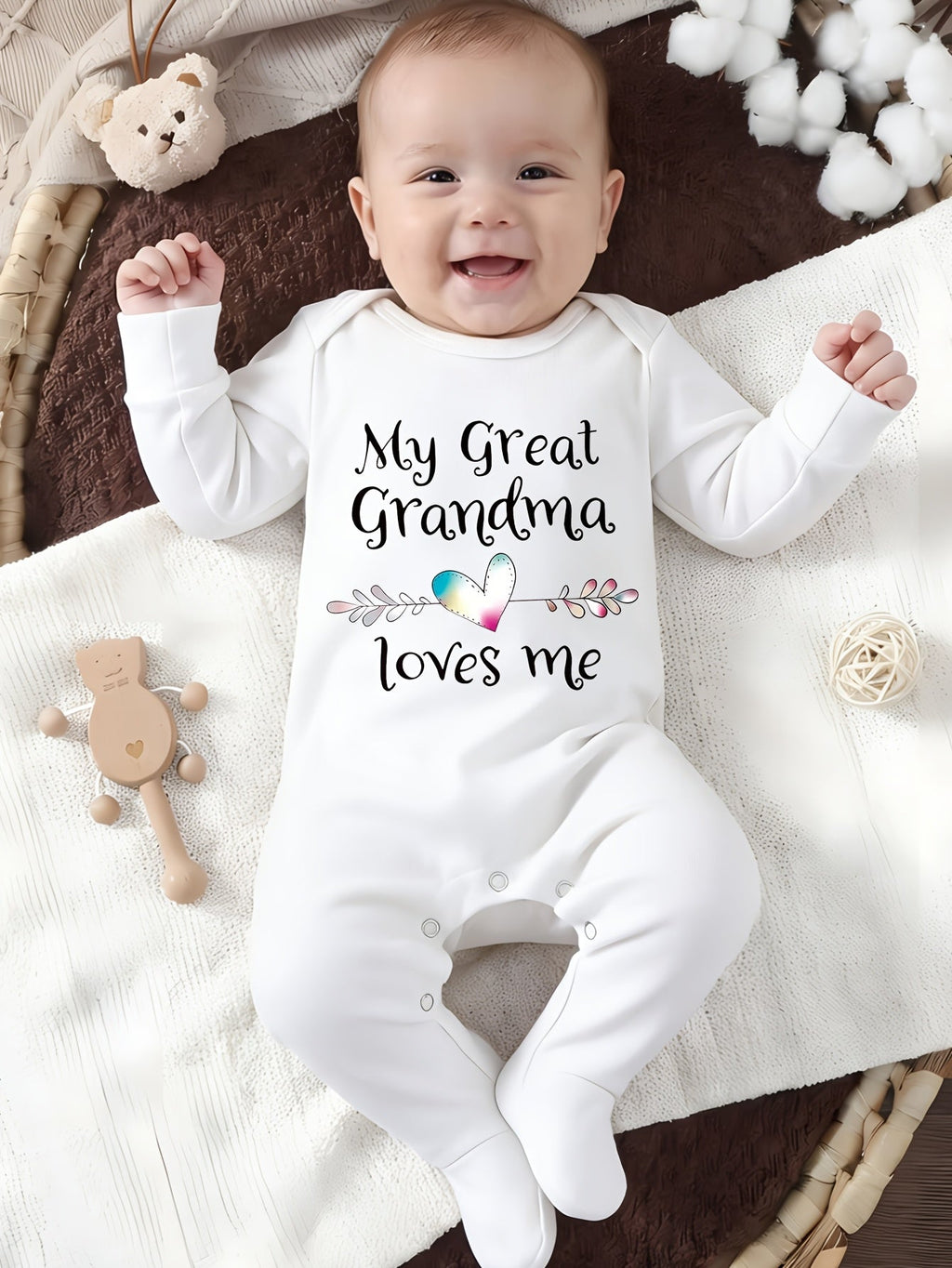 Baby Great Grandma Loves Me Cotton Romper with Covered Feet and Long Sleeves for Family Visit Outfits