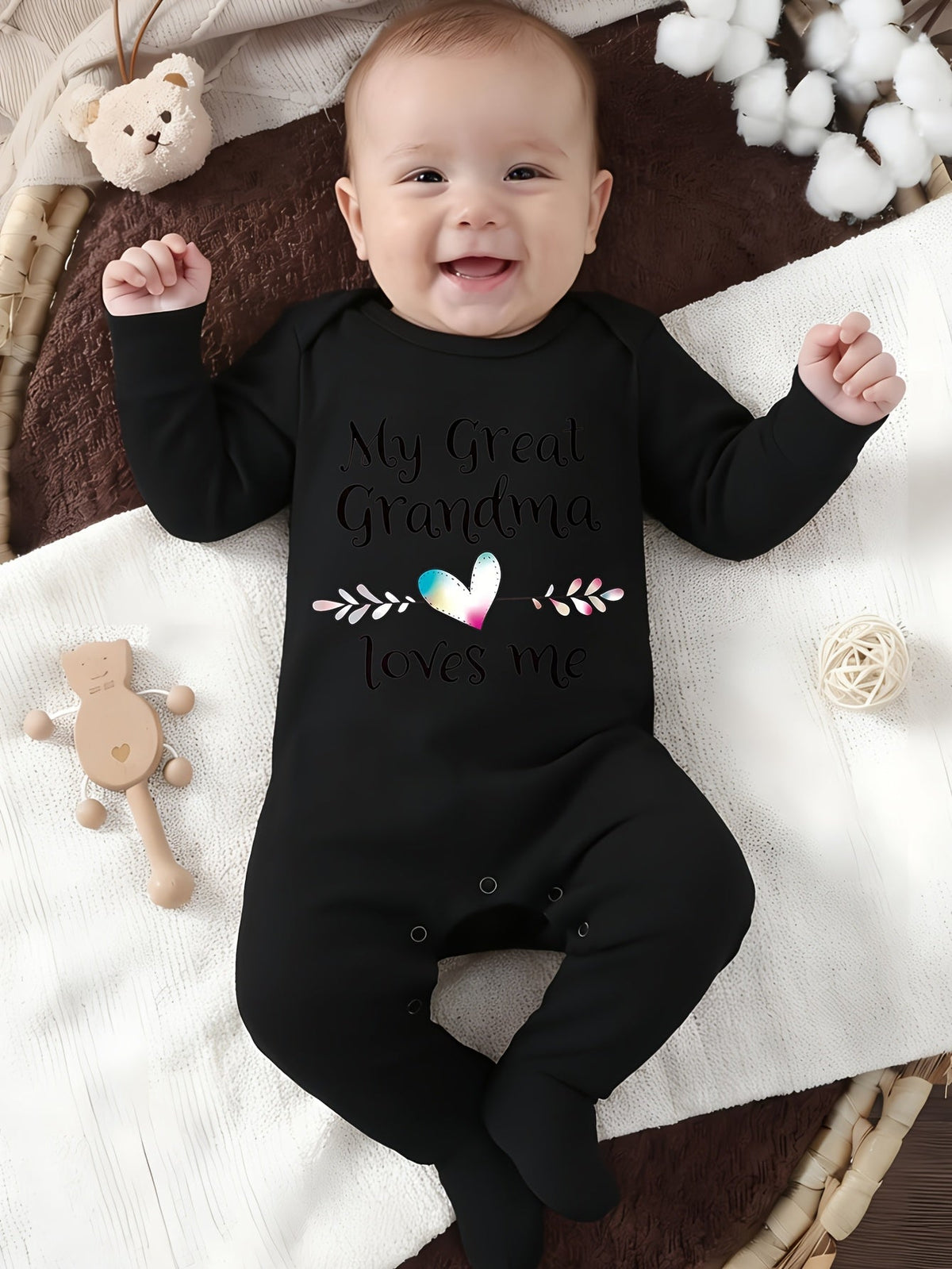 Baby Great Grandma Loves Me Cotton Romper with Covered Feet and Long Sleeves for Family Visit Outfits