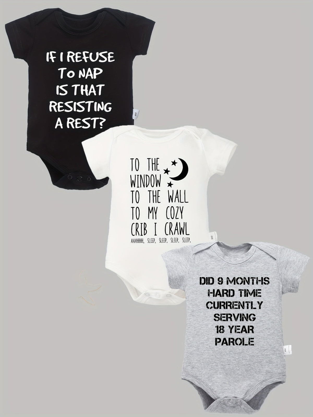 Baby Slogan Bodysuits 3-Pack in Black White and Gray with Short Sleeves and Crotch Snaps for Daily Outfits