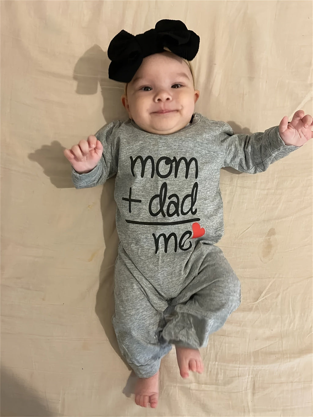 Baby Long Sleeve Romper in Grey with Mom Plus Dad Equals Me Lettering and Red Heart for Family Photos