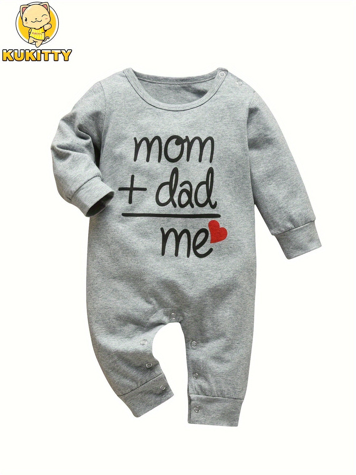 Baby Long Sleeve Romper in Grey with Mom Plus Dad Equals Me Lettering and Red Heart for Family Photos