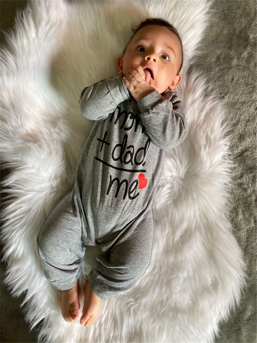 Baby Long Sleeve Romper in Grey with Mom Plus Dad Equals Me Lettering and Red Heart for Family Photos