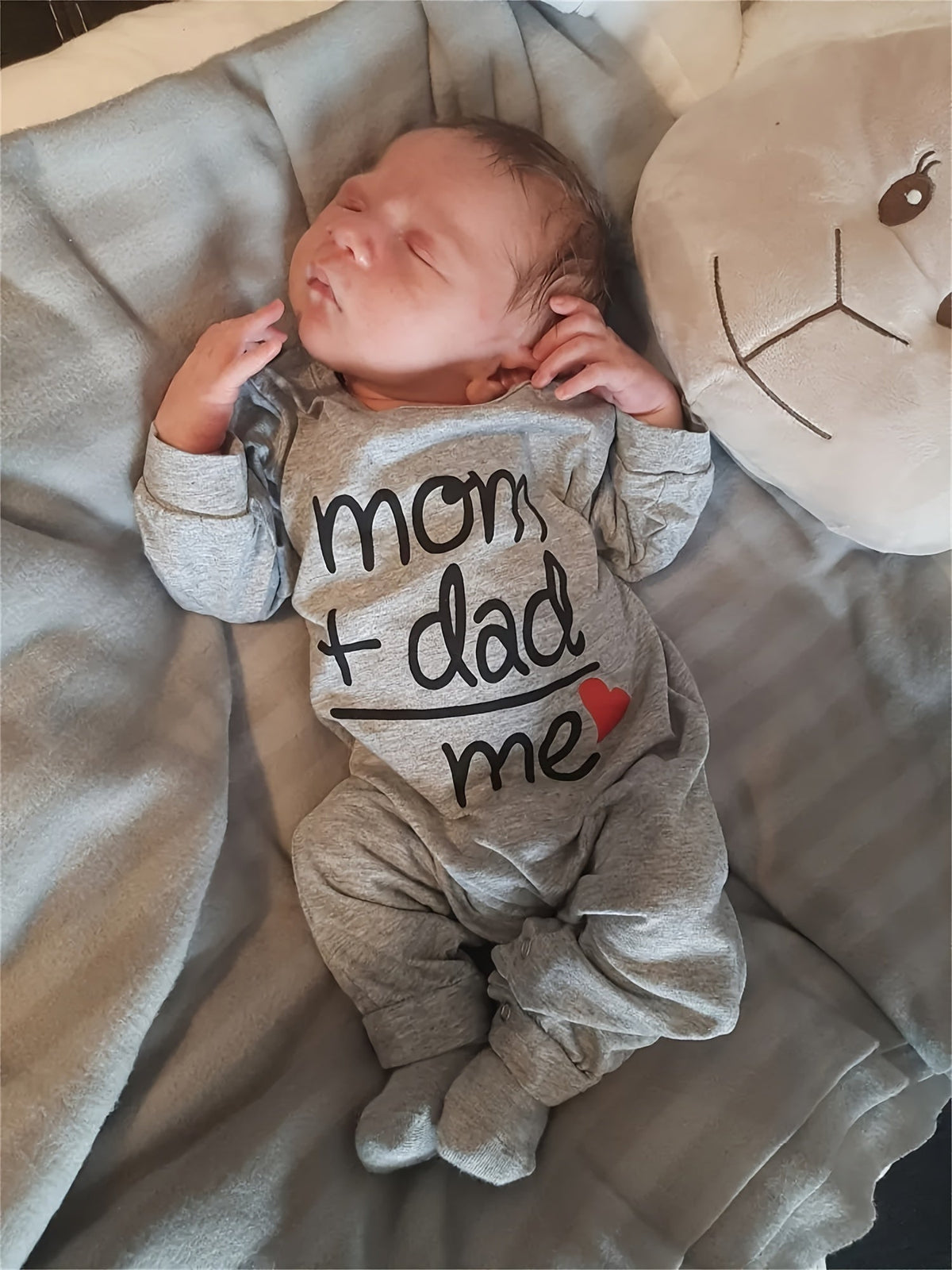 Baby Long Sleeve Romper in Grey with Mom Plus Dad Equals Me Lettering and Red Heart for Family Photos