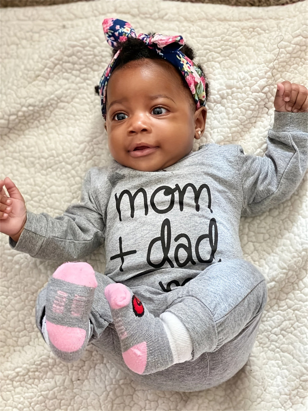 Baby Long Sleeve Romper in Grey with Mom Plus Dad Equals Me Lettering and Red Heart for Family Photos
