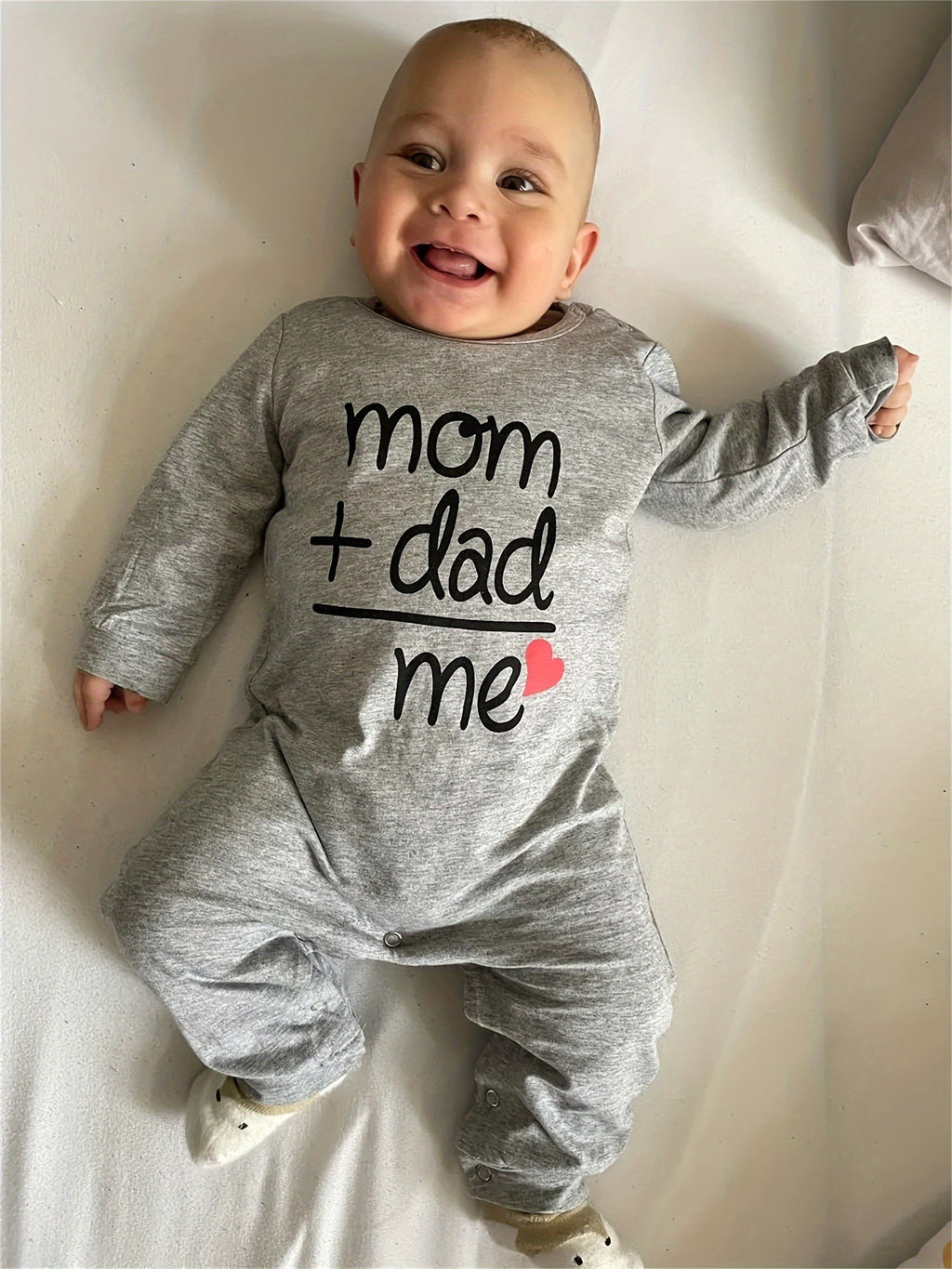 Baby Long Sleeve Romper in Grey with Mom Plus Dad Equals Me Lettering and Red Heart for Family Photos