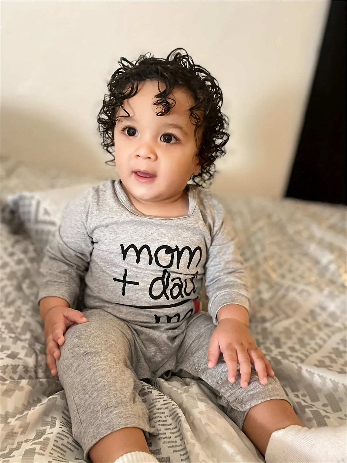Baby Long Sleeve Romper in Grey with Mom Plus Dad Equals Me Lettering and Red Heart for Family Photos
