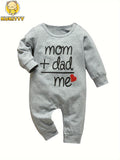 Baby Long Sleeve Romper in Grey with Mom Plus Dad Equals Me Lettering and Red Heart for Family Photos