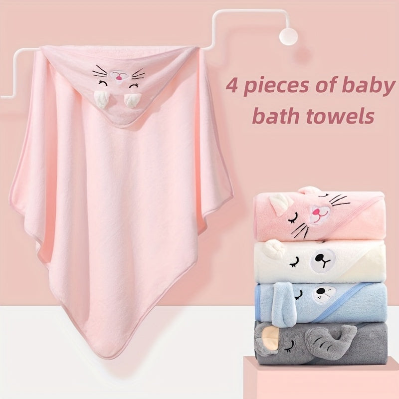 Baby Hooded Towels in a Four-Piece Animal Set with Soft Coral Fleece and Generous 80 cm Square Wraps