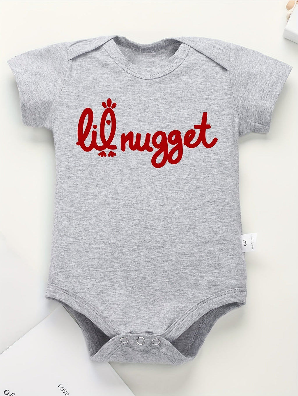 Baby Lil Nugget Cotton Bodysuit in Grey with Red Lettering and Short Sleeves for Everyday Layering