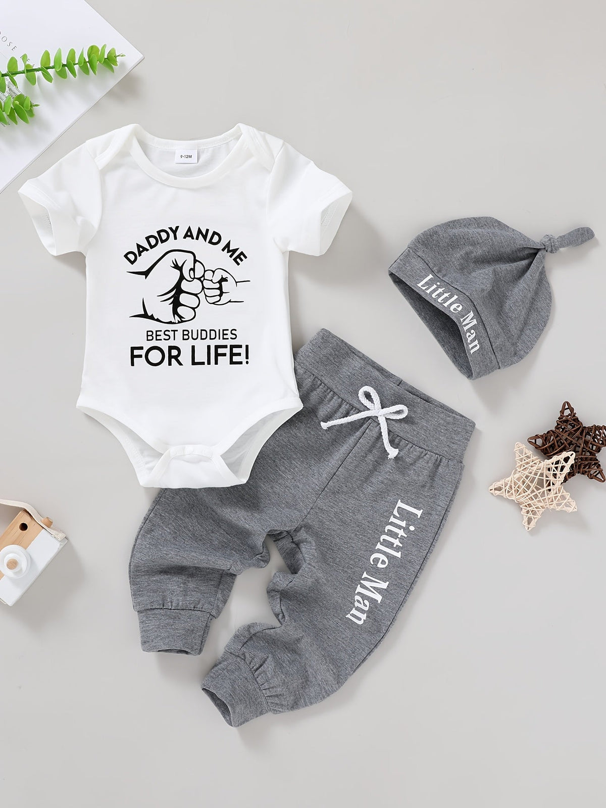 Baby Boys' Daddy and Me Pants Set with a Fist-Bump Bodysuit and Gray Knotted Hat for Everyday Outfits