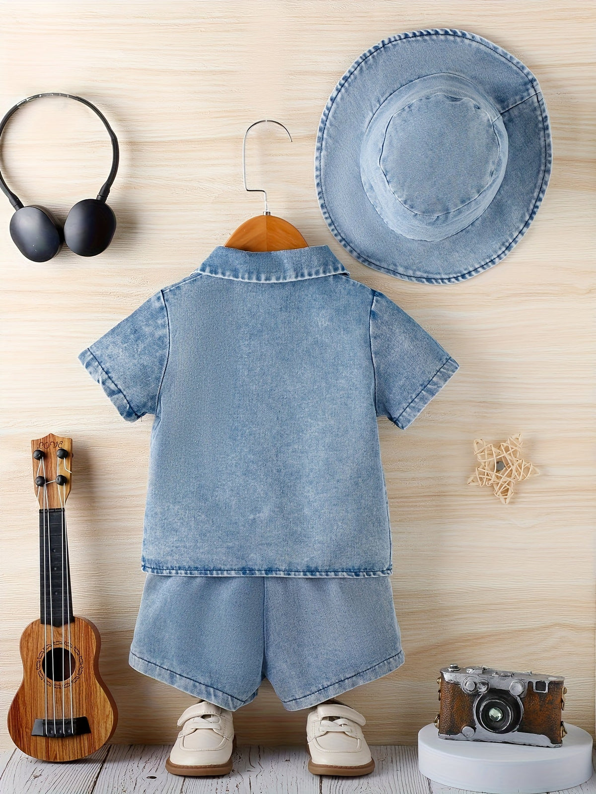 Baby Denim Outfit in a 3-Piece Shirt Shorts and Bucket Hat Set with a Washed Blue Finish for Casual Days