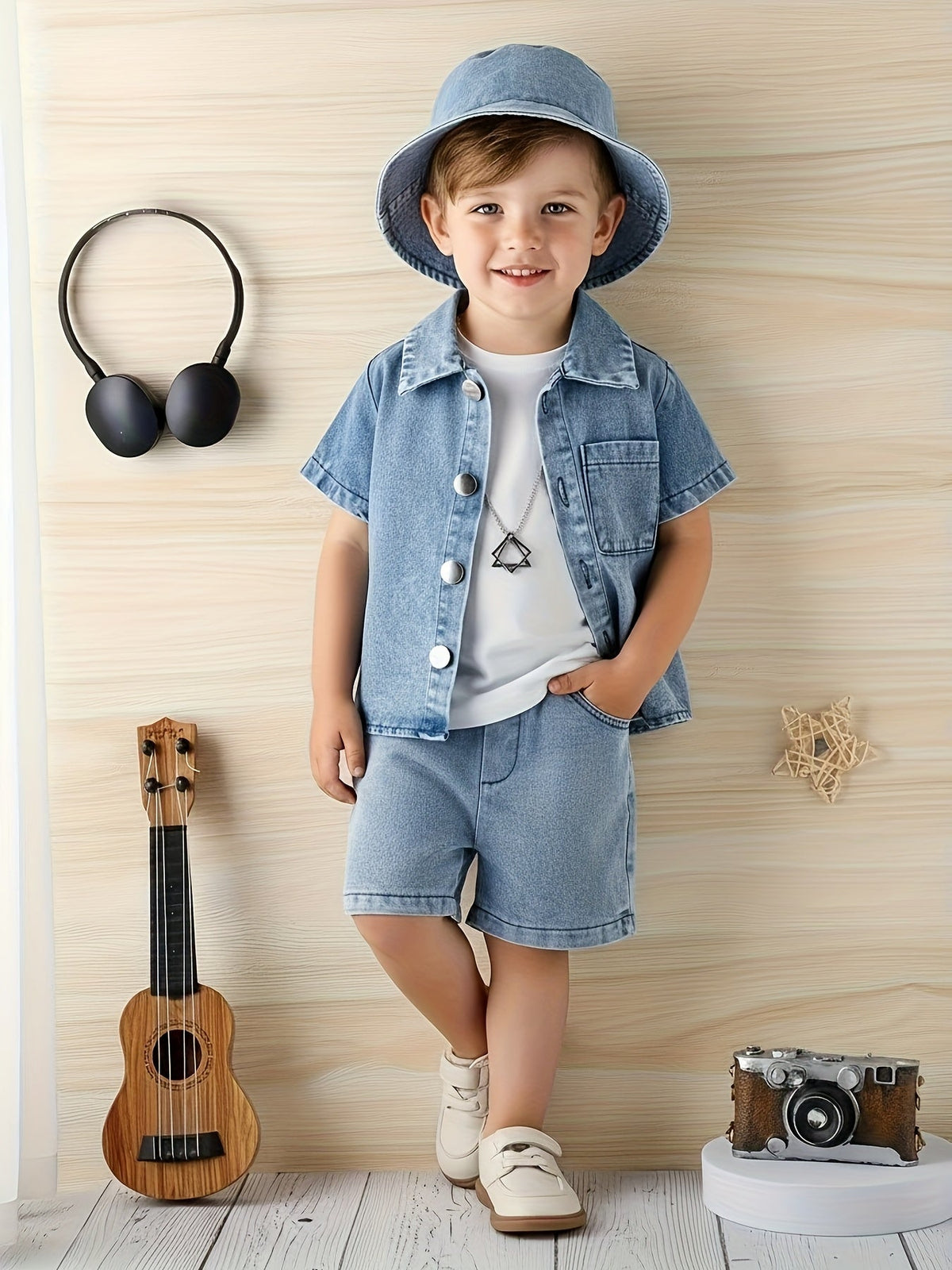 Baby Denim Outfit in a 3-Piece Shirt Shorts and Bucket Hat Set with a Washed Blue Finish for Casual Days