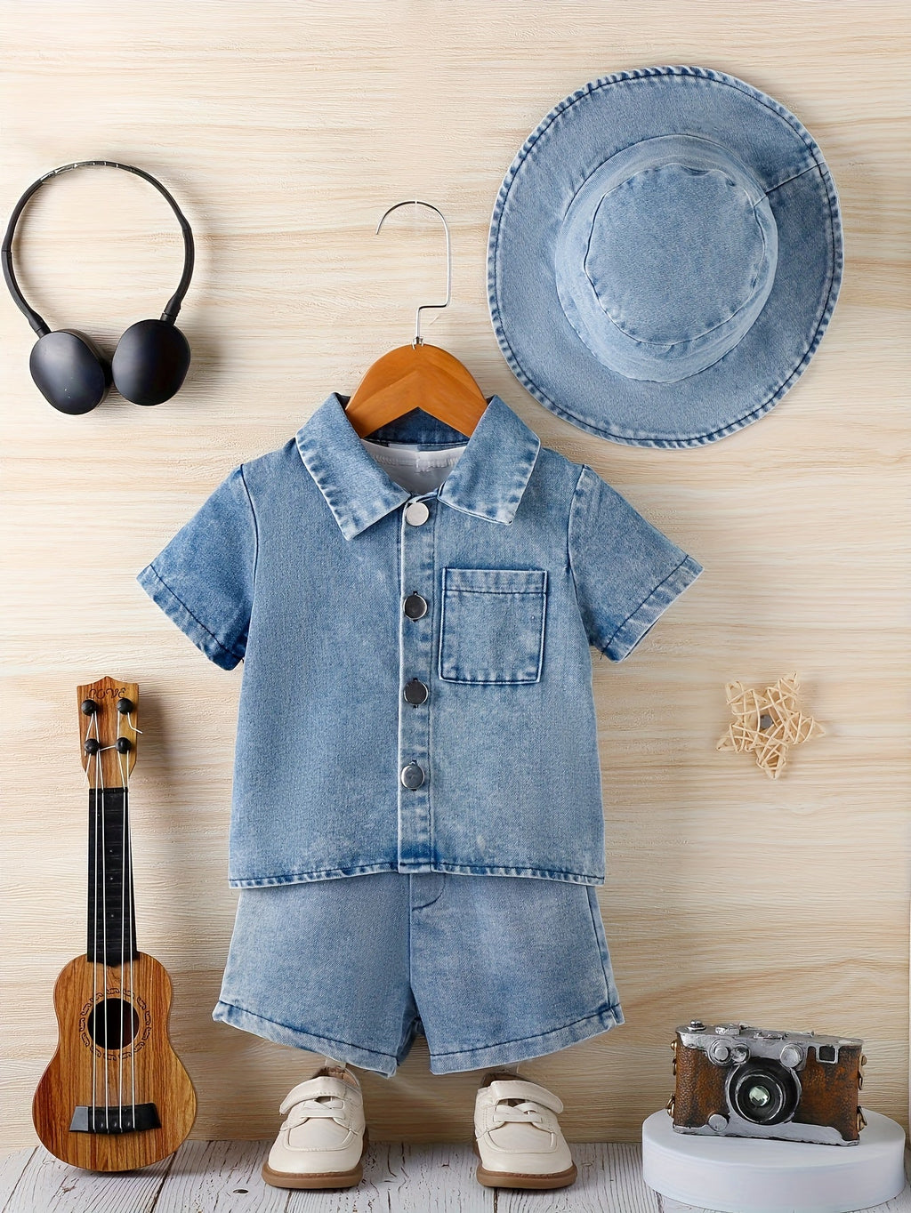 Baby Denim Outfit in a 3-Piece Shirt Shorts and Bucket Hat Set with a Washed Blue Finish for Casual Days