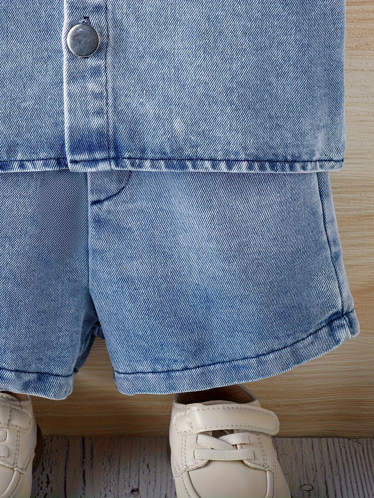 Baby Denim Outfit in a 3-Piece Shirt Shorts and Bucket Hat Set with a Washed Blue Finish for Casual Days