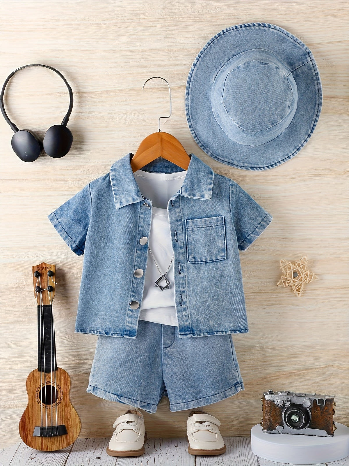 Baby Denim Outfit in a 3-Piece Shirt Shorts and Bucket Hat Set with a Washed Blue Finish for Casual Days