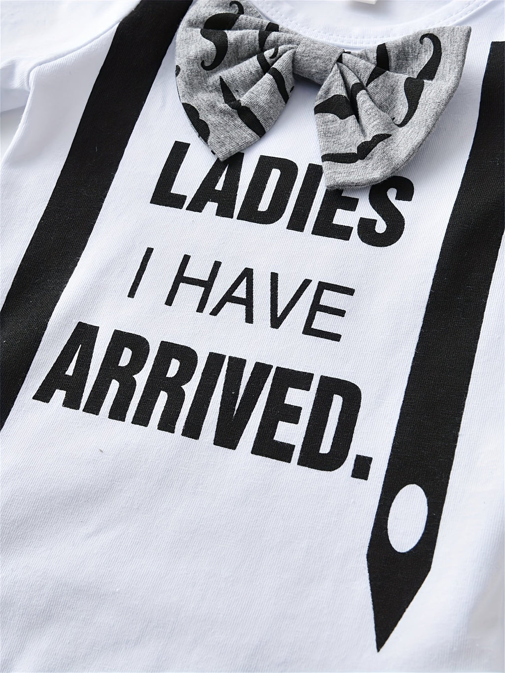 Baby Boy Three Piece Outfit Set with Moustache Print Pants and a Ladies I Have Arrived Bodysuit
