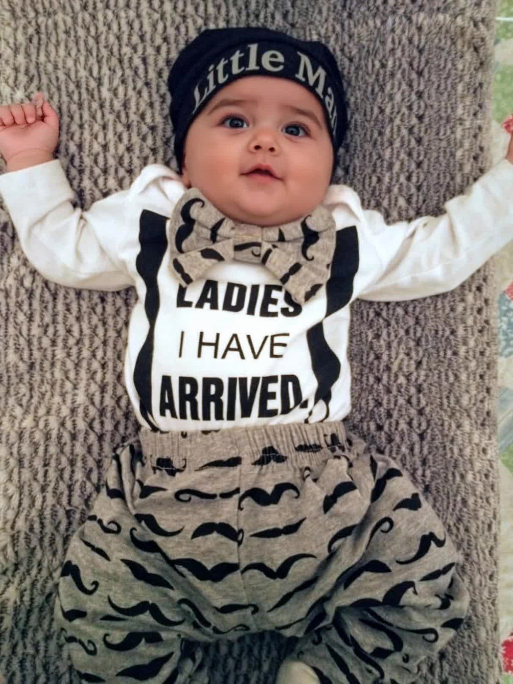 Baby Boy Three Piece Outfit Set with Moustache Print Pants and a Ladies I Have Arrived Bodysuit