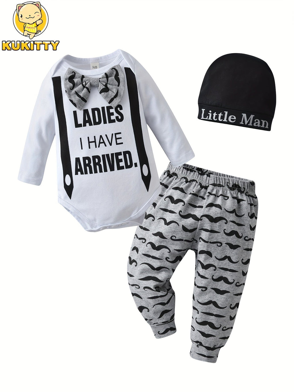 Baby Boy Three Piece Outfit Set with Moustache Print Pants and a Ladies I Have Arrived Bodysuit