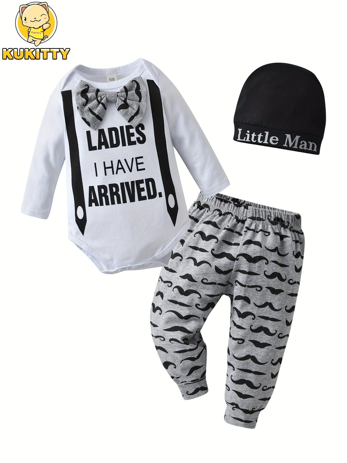 Baby Boy Three Piece Outfit Set with Moustache Print Pants and a Ladies I Have Arrived Bodysuit