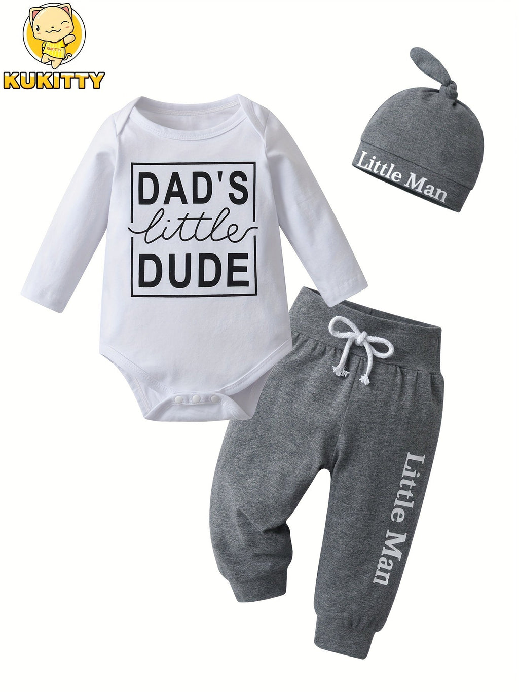 Baby Outfit Set with a Dad's Little Dude Bodysuit and Gray Pants Plus Matching Hat for Newborn Boys