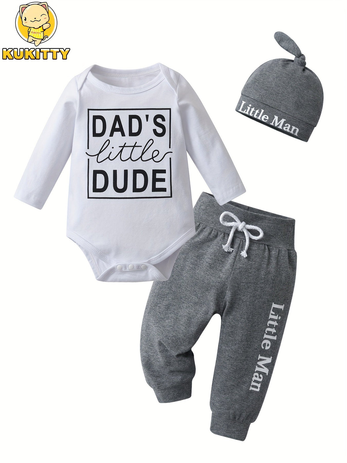 Baby Outfit Set with a Dad's Little Dude Bodysuit and Gray Pants Plus Matching Hat for Newborn Boys