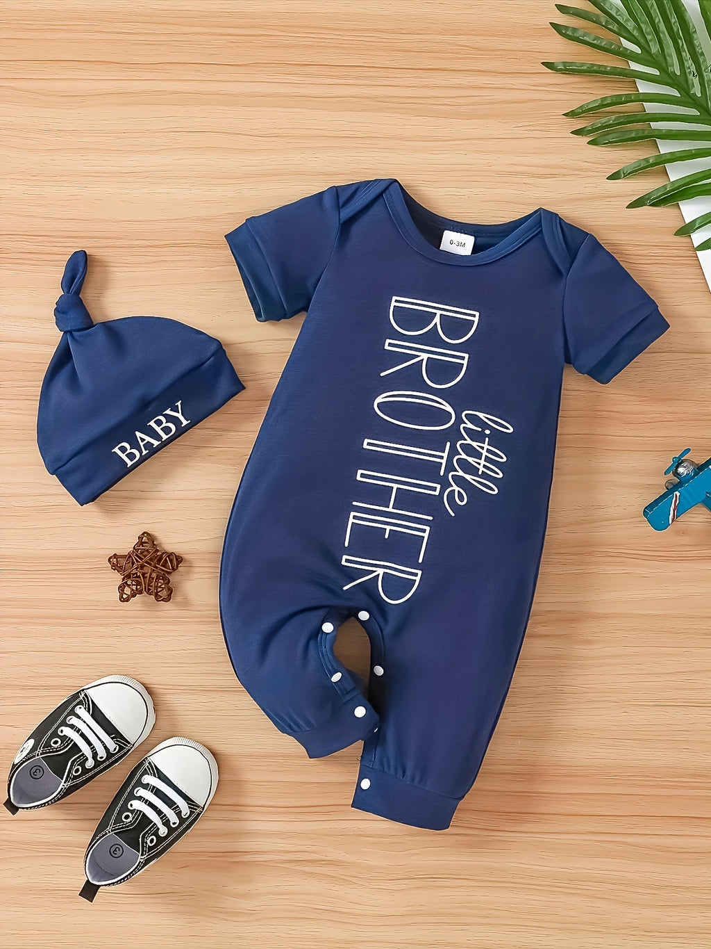 Baby Boys' Little Brother Romper and Hat Set in Navy with Short Sleeves and Snap Fastenings for Easy Changes