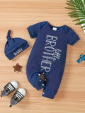 Baby Boys' Little Brother Romper and Hat Set in Navy with Short Sleeves and Snap Fastenings for Easy Changes