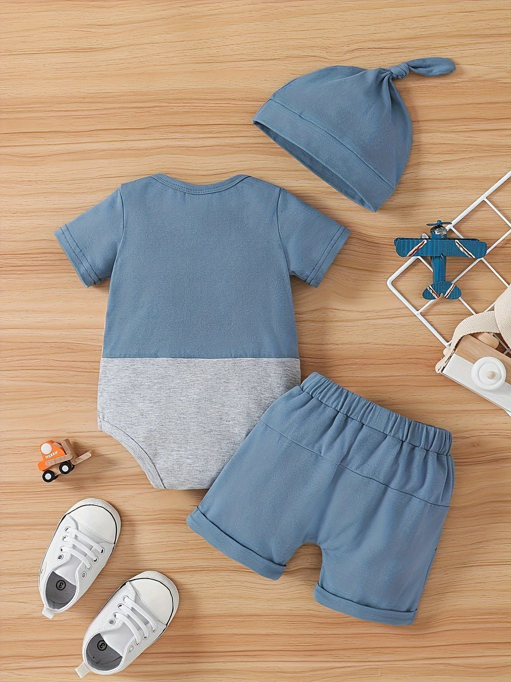 Baby Boys' Little Man Shorts Set with a Colorblock Bodysuit and Knotted Hat in Blue White and Gray