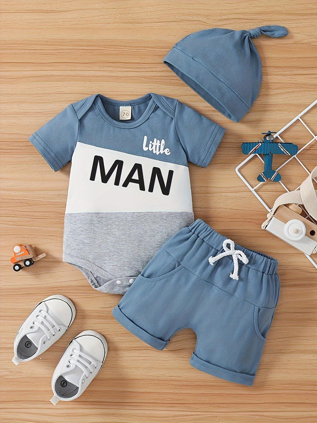 Baby Boys' Little Man Shorts Set with a Colorblock Bodysuit and Knotted Hat in Blue White and Gray