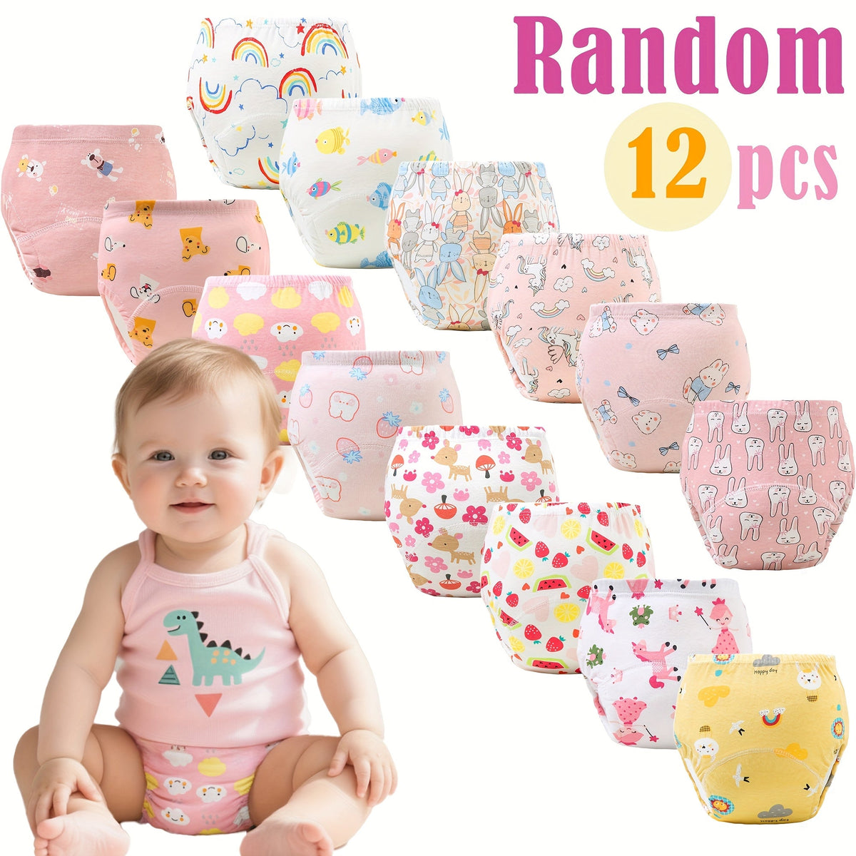 Baby Potty Training Pants 12-Pack in Random Pink or Blue Prints with Elastic Waists for Daily Use