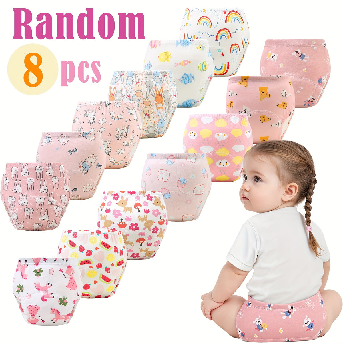 Baby Training Pants Eight Pack with Random Pink or Blue Prints and Elastic Waists for Potty Training