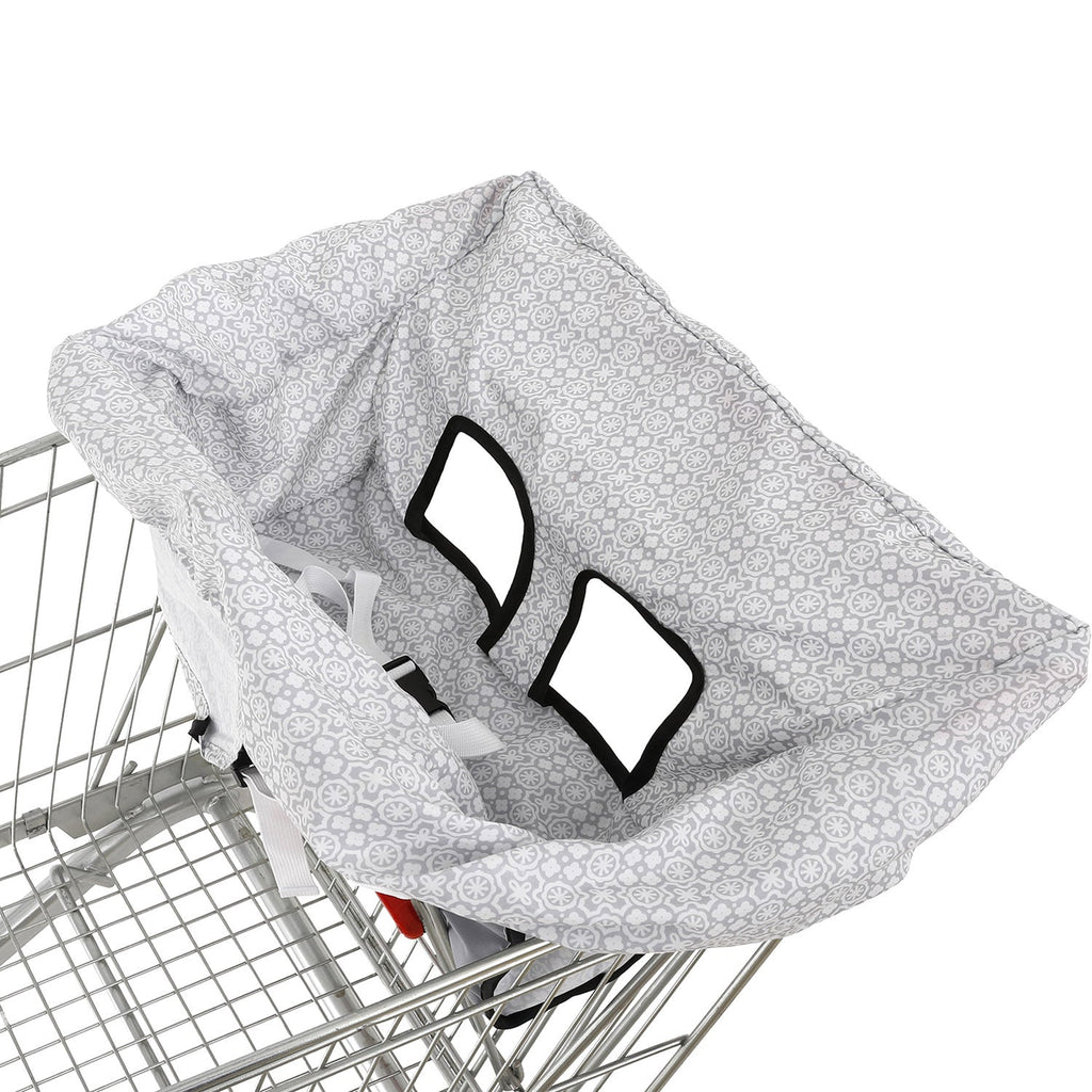 Baby Shopping Cart Cover with Leg Openings and a Carry Pouch in Gray Floral or Blue Owl Prints for Outings