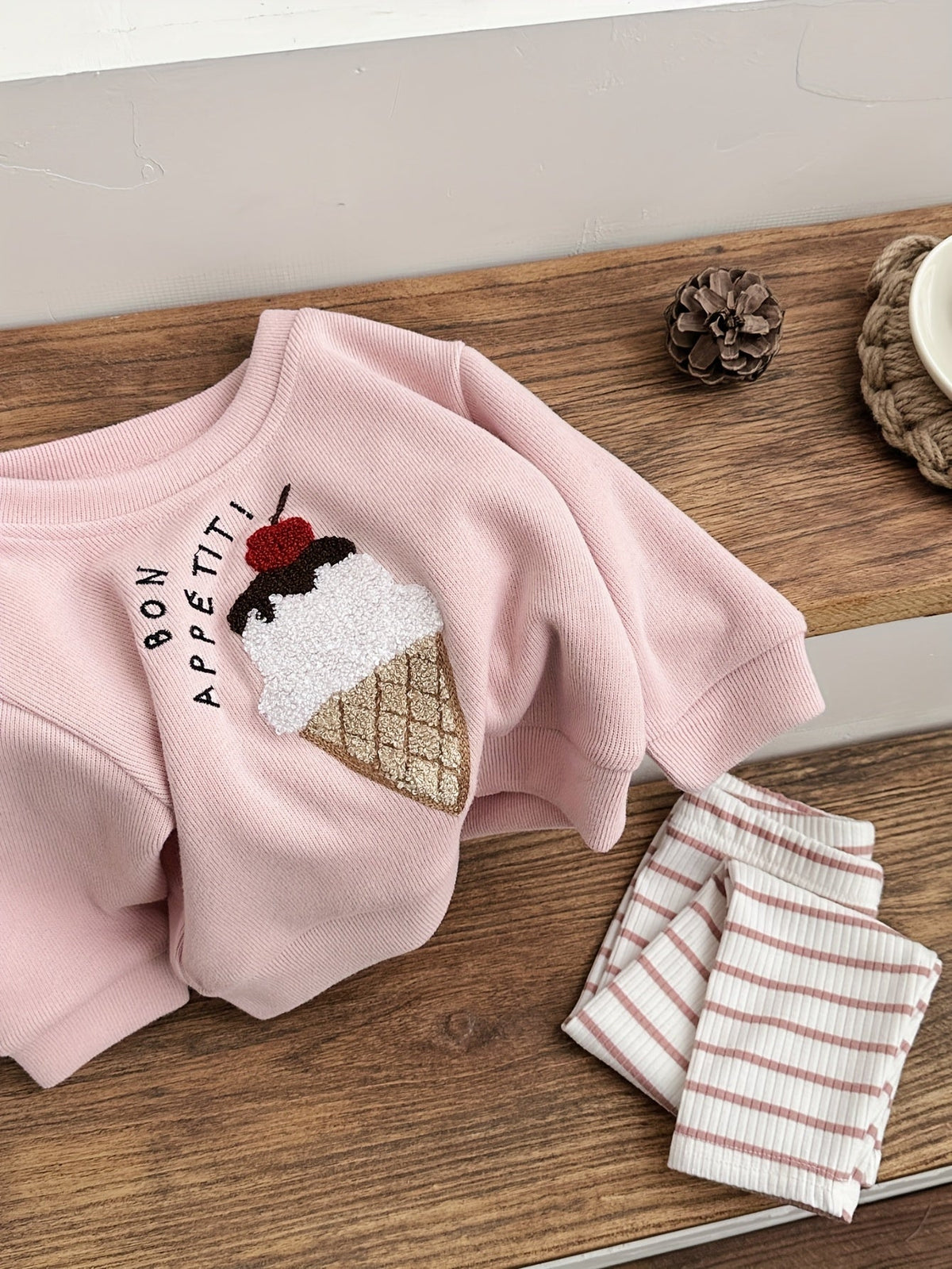 Baby Pink Outfit Set with an Ice Cream Patch Sweatshirt and Striped Pants for Spring and Autumn Wear