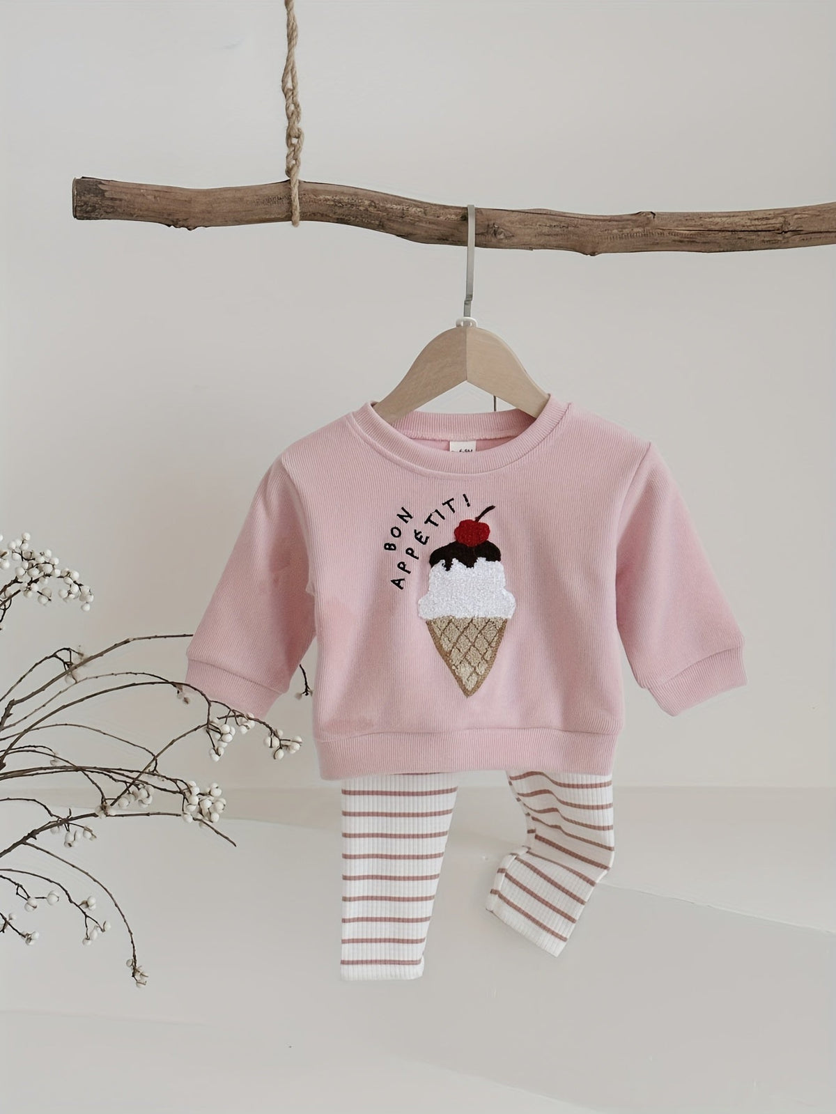 Baby Pink Outfit Set with an Ice Cream Patch Sweatshirt and Striped Pants for Spring and Autumn Wear