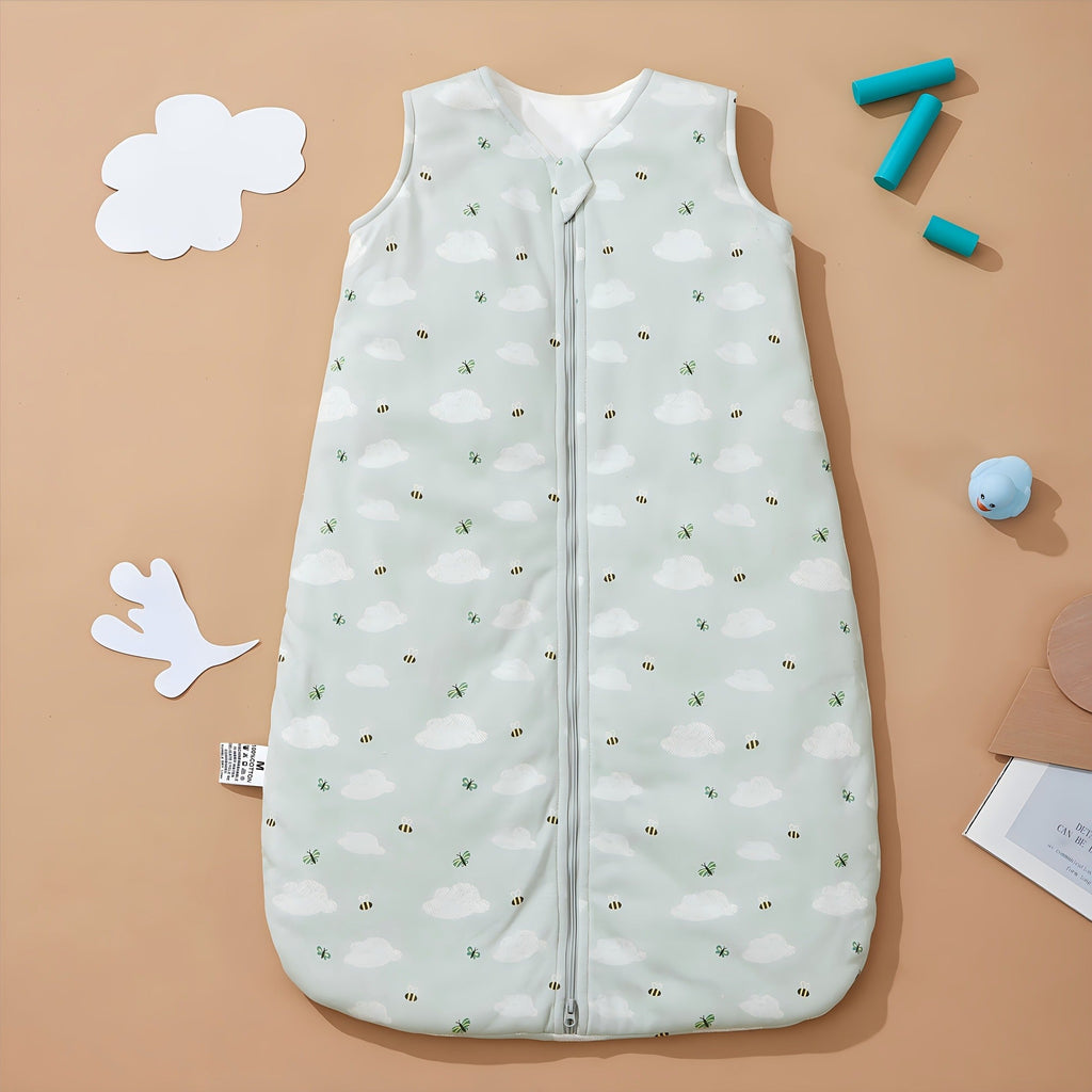 Quilted Baby Sleep Sack in Green Bee Print with Two-Way Zipper and Sleeveless Shape for Cooler Seasons
