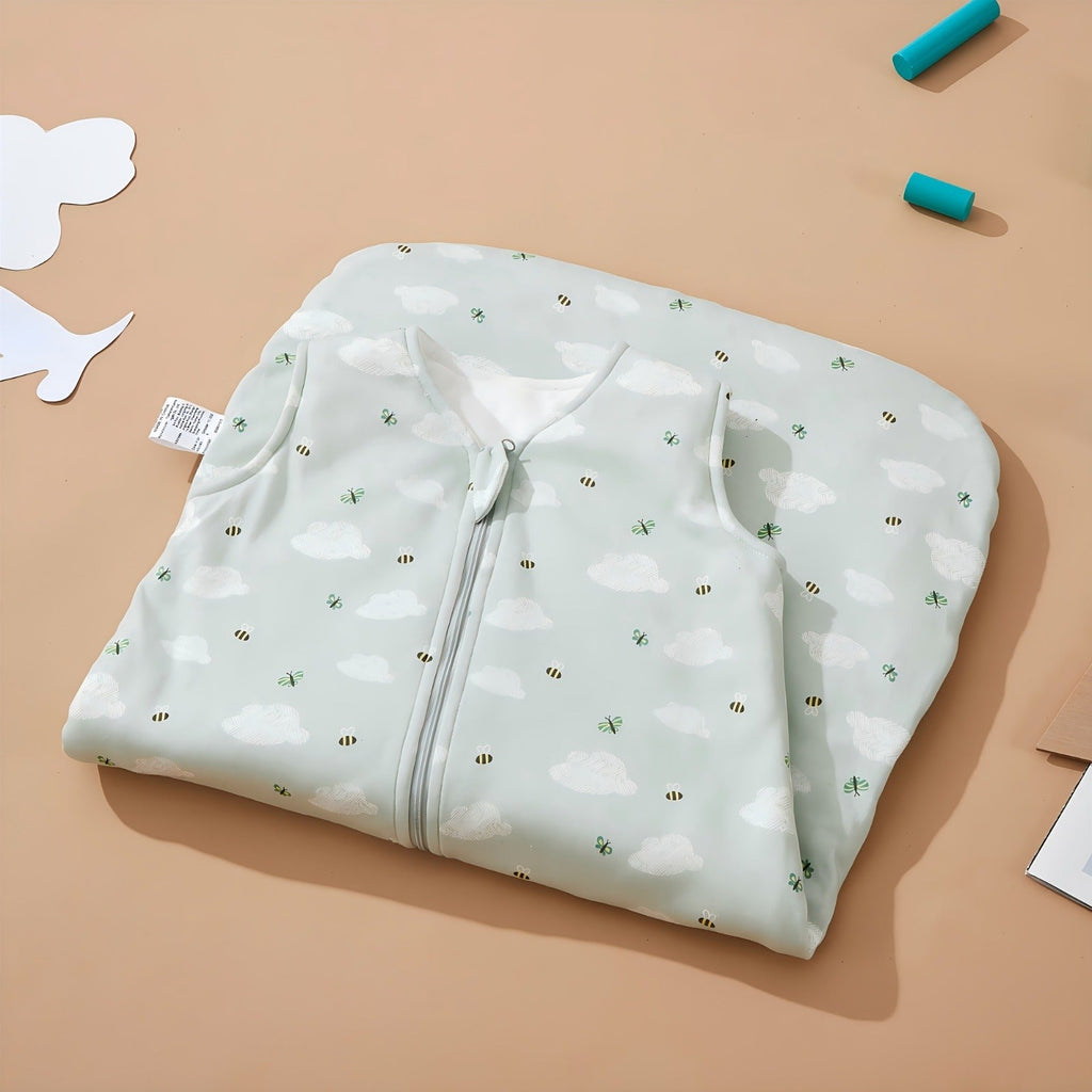 Quilted Baby Sleep Sack in Green Bee Print with Two-Way Zipper and Sleeveless Shape for Cooler Seasons
