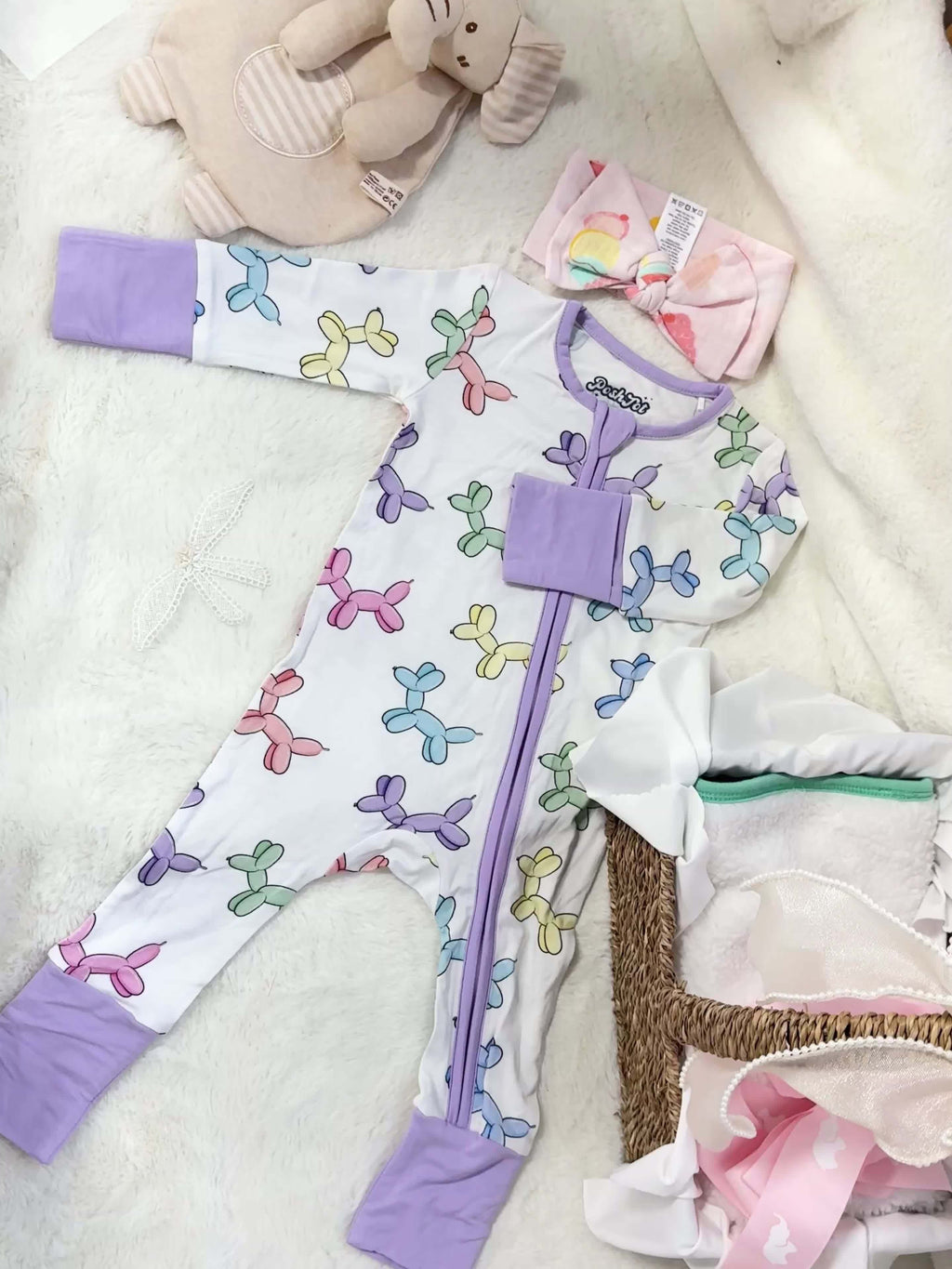 Baby Fishing Print Zip Romper in Ivory White with Mint Fold Over Cuffs and Long Sleeves for Daily Wear