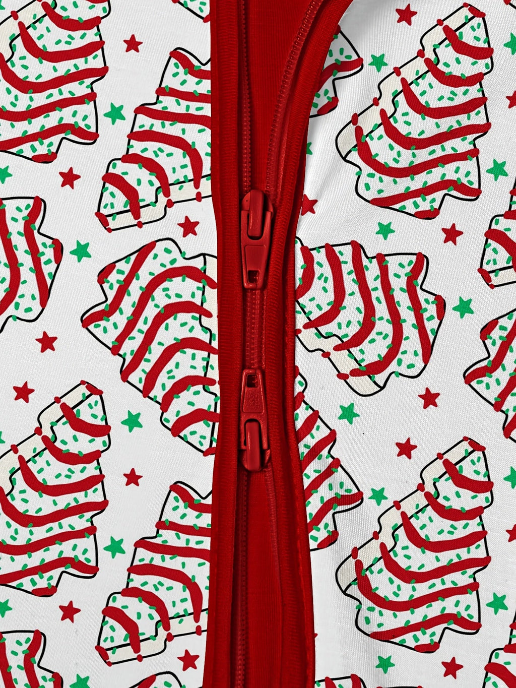 Baby Christmas Tree Cake Zip Romper with Red Fold Over Cuffs and Long Sleeves for Holiday Outfits