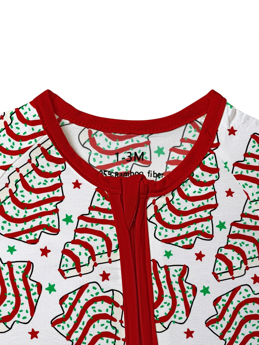 Baby Christmas Tree Cake Zip Romper with Red Fold Over Cuffs and Long Sleeves for Holiday Outfits