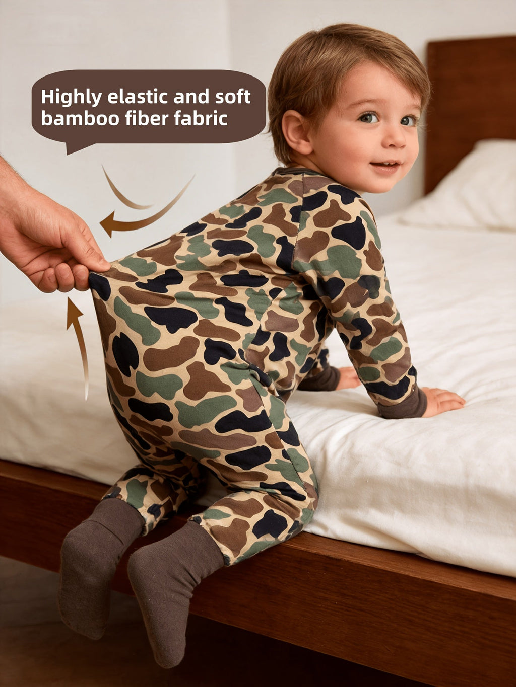 Baby Camouflage Zip Romper with Fold Over Hand and Foot Cuffs in a Stretch Bamboo Fiber Blend