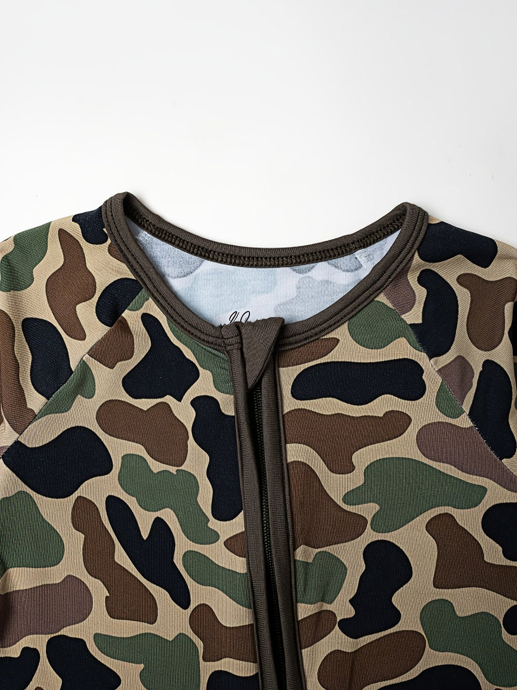Baby Camouflage Zip Romper with Fold Over Hand and Foot Cuffs in a Stretch Bamboo Fiber Blend