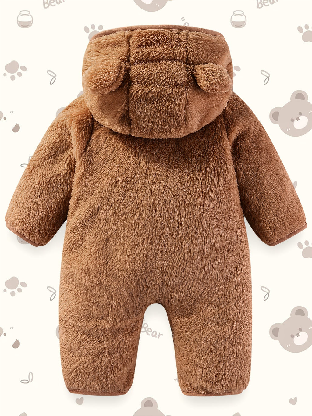 Dark Brown Baby Bear Hooded Fleece Romper with Fold-Over Cuffs and a Zip Front for Cool-Weather Outings