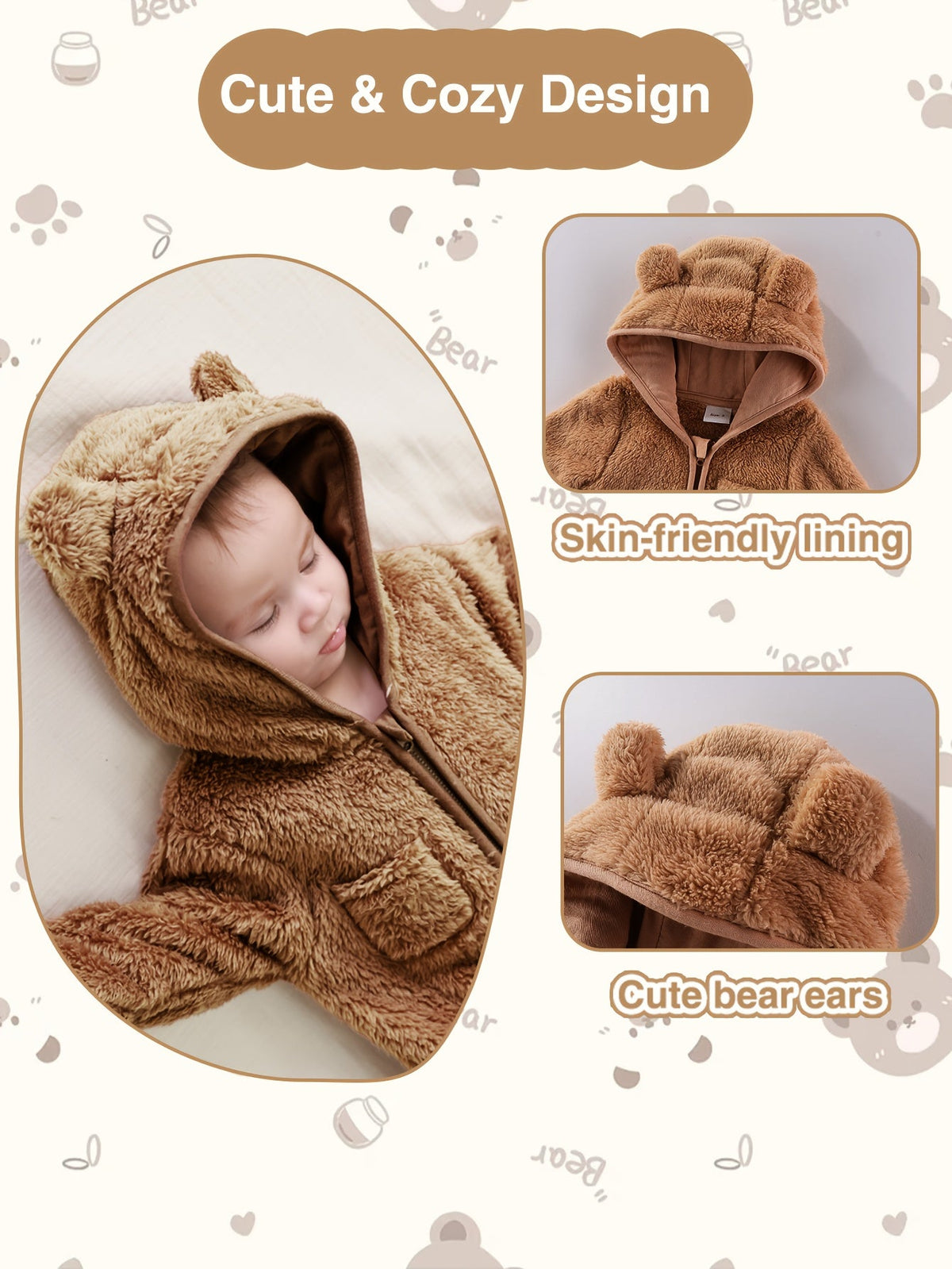 Dark Brown Baby Bear Hooded Fleece Romper with Fold-Over Cuffs and a Zip Front for Cool-Weather Outings