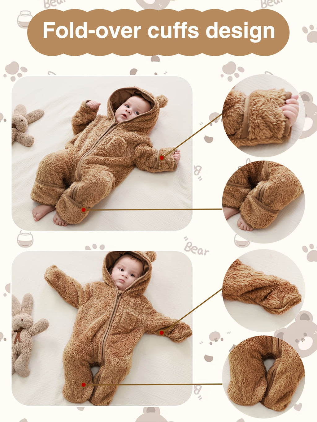 Dark Brown Baby Bear Hooded Fleece Romper with Fold-Over Cuffs and a Zip Front for Cool-Weather Outings