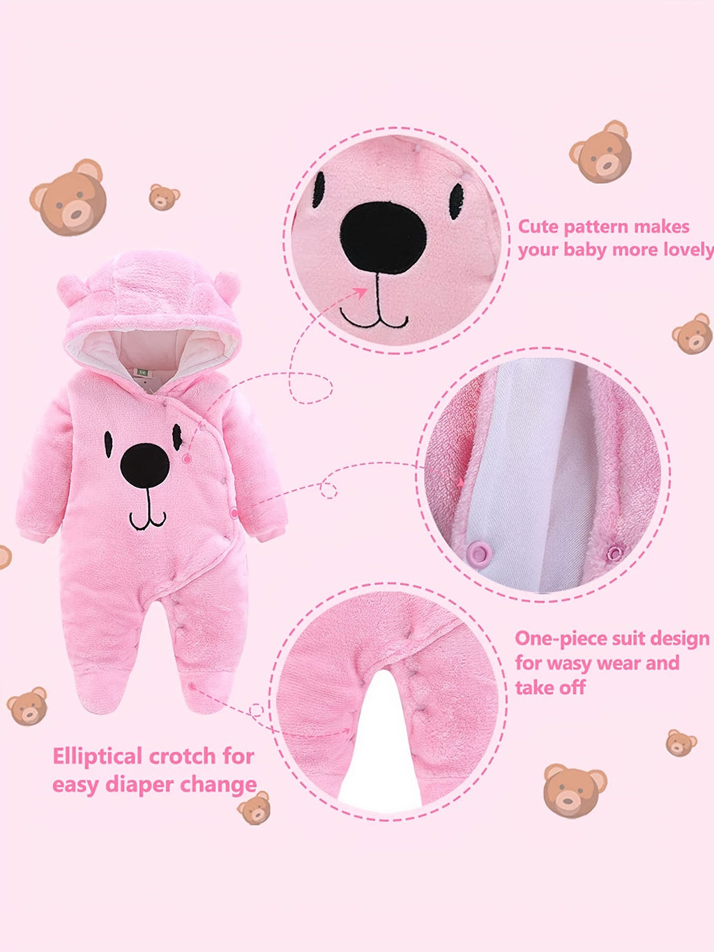 Baby Bear Hooded Snowsuit in Pink with Covered Feet and a Plush Finish for Cold Weather Outings